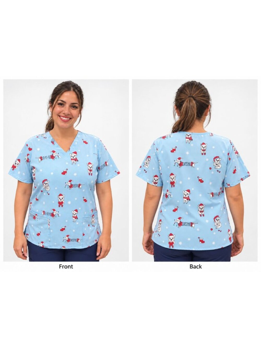 Scrubaid Scrub Top Large Blue Holiday Christmas Dog Print V Neck Festive Stretch
